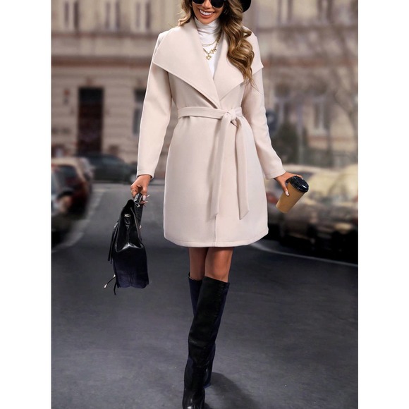 cream fold over Waterfall Collar Belted Overcoat peacoat pea coat - Picture 5 of 6